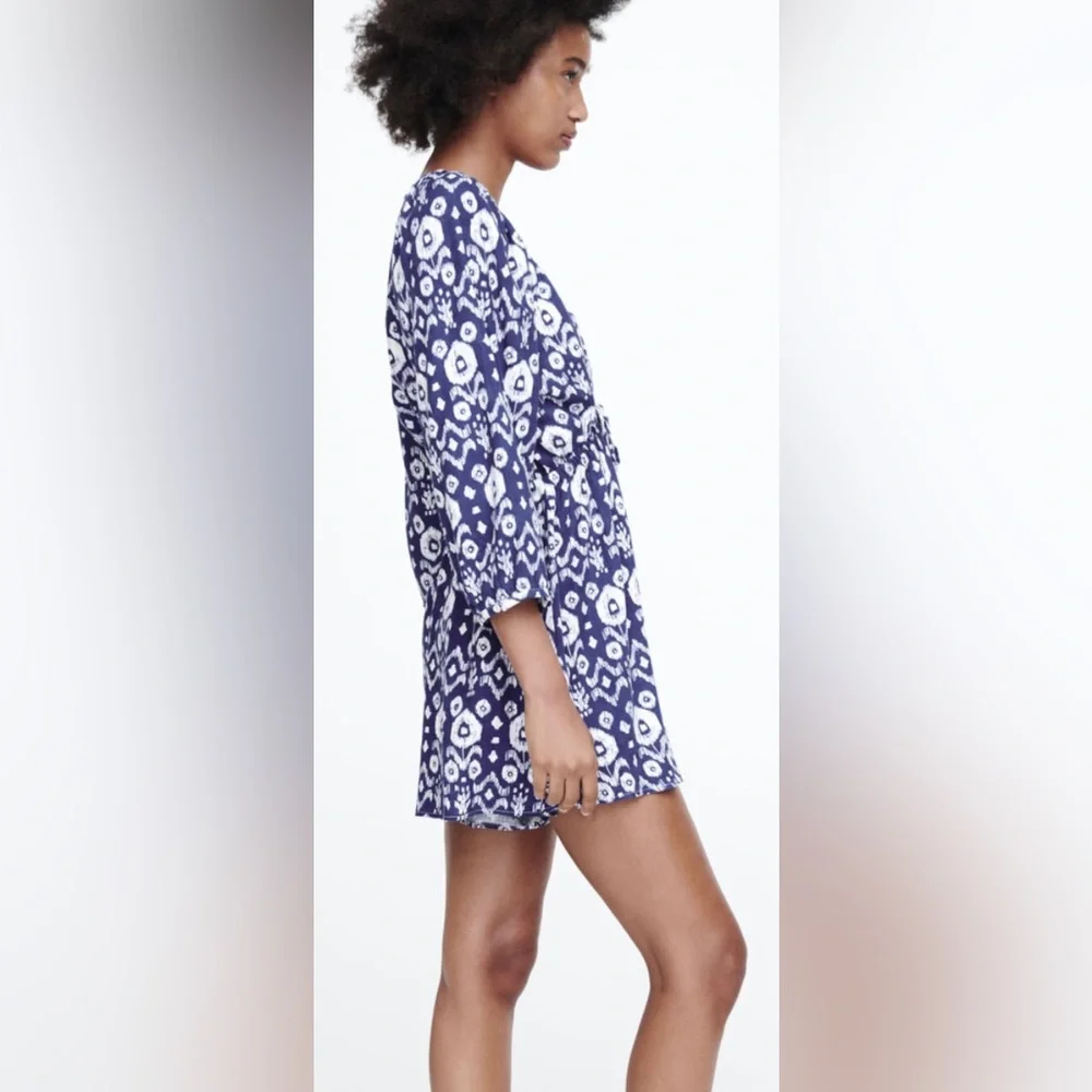 Zara Plunging Neck Royal Blue Print 1/2 Sleeves Short Linen Blend Romper ✨
